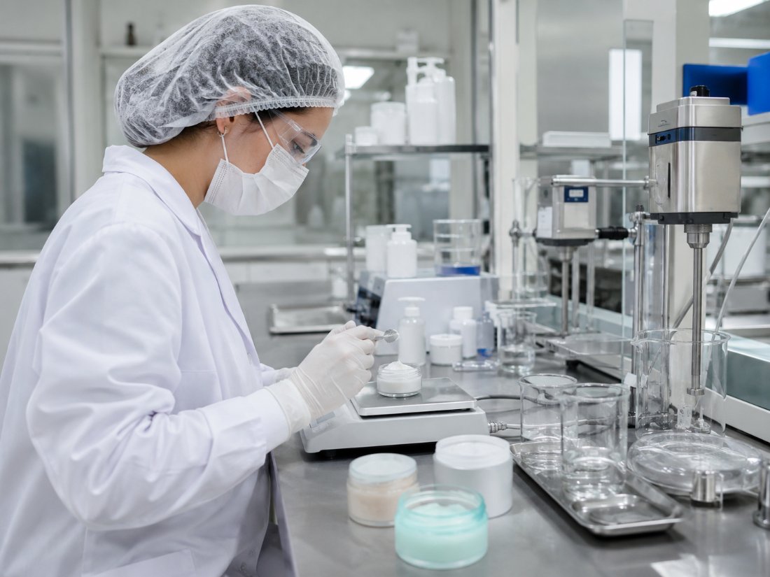 Pesagem de insumos em laboratório cosmético